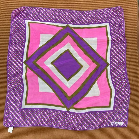 Vintage 60s/70s Paoli 27” Square Scarf Geometric Mod Handkerchief Pink - Picture 1 of 7